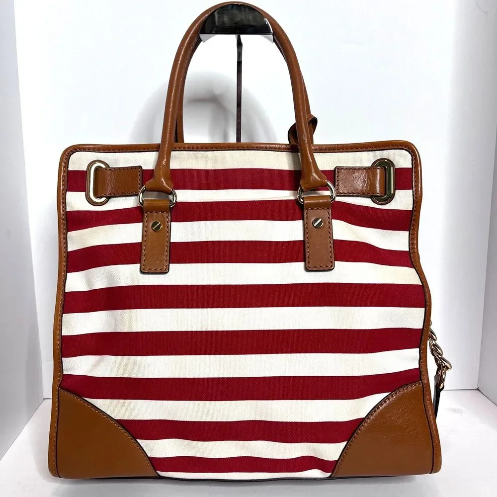 Michael Kors Large Hamilton Brown Leather Trim Red & White Canvas Tote